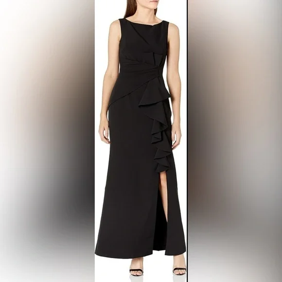 Eliza J Sleeveless Cascading Ruffle front black gown